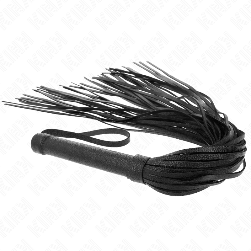 Flach liegender KINK-Flogger mit genarbtem Griff, Handschlaufe und schwarzen Riemen