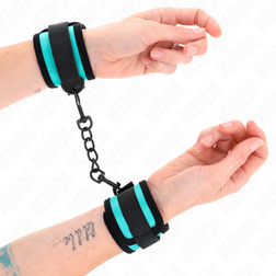 Menottes bondage nylon à velcro liseré turquoise avec chaîne