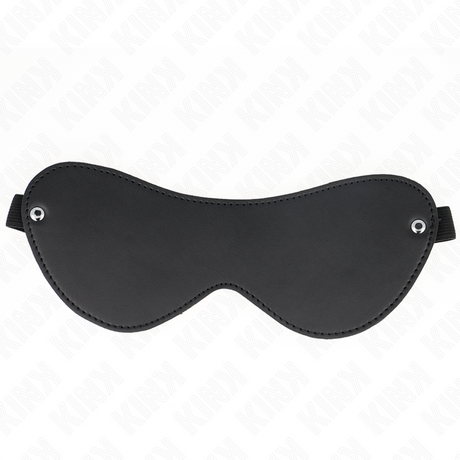 Inside of the black KINK blindfold laid flat, with stitched edges and elastic strap attachments at the sides