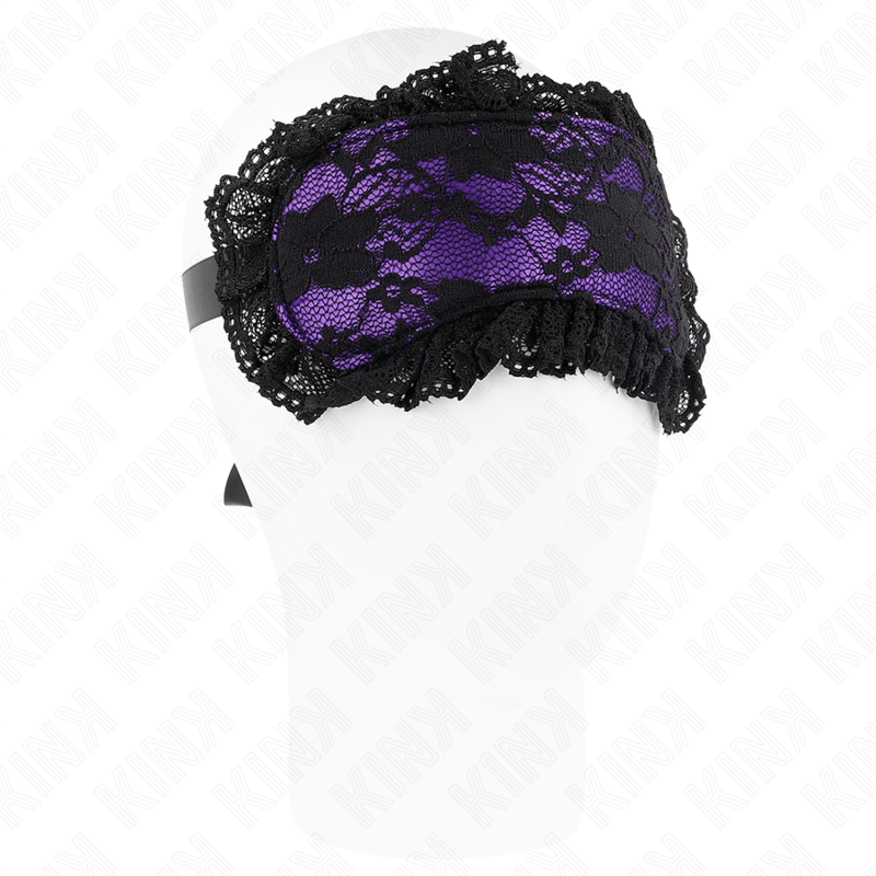 Bandeau en dentelle noire sur fond violet porté sur un visage de mannequin vu de trois quarts