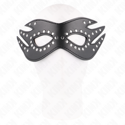 Gros plan sur la texture de l'accessoire Masque BDSM cuirette à rivets