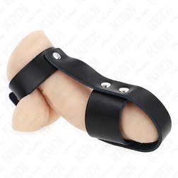 Cockring Kink Ring Power Harnais verge cuir + ball separator ajustable — Cage Ring Strap en Cuir noir vu de face
