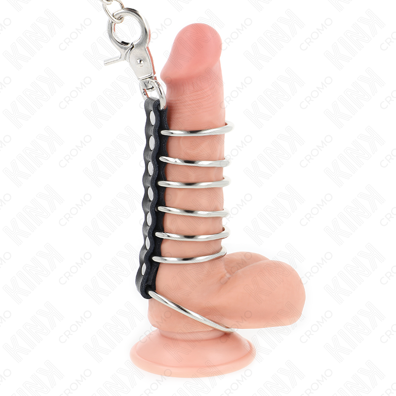 KINK 7 ANNEAUX PENIS EN METAL DE 38 CM A 5 CM CONNECTES AVEC DU CUIR ET UNE CHAINE EN METAL 100 CM
