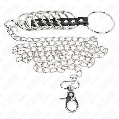 KINK 7 ANNEAUX PENIS EN METAL DE 38 CM A 5 CM CONNECTES AVEC DU CUIR ET UNE CHAINE EN METAL 100 CM