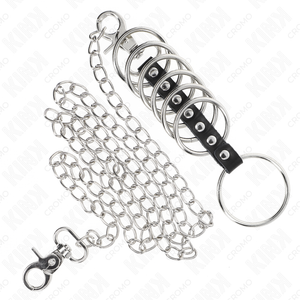 KINK 7 ANNEAUX PENIS EN METAL DE 38 CM A 5 CM CONNECTES AVEC DU CUIR ET UNE CHAINE EN METAL 100 CM