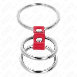 Cockring triple 3 anneaux métal et cuir rouge 3,7 à 5 cm — vue de profil