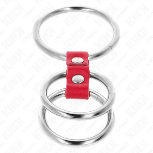 Cockring triple 3 anneaux métal et cuir rouge 3,7 à 5 cm — vue de profil