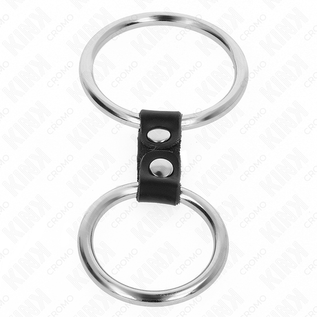 Double cockring métal 3,7 et 5 cm avec sangle cuir — gros plan
