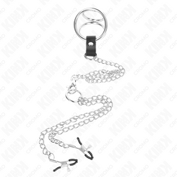 KINK ANNEAU PENIS EN METAL TRIPLE CHROME 3 CM A 45 CM AVEC CHAINE EN METAL DE 26 CM ET PINCES A TETONS