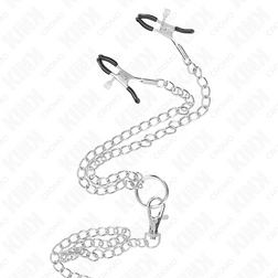 KINK ANNEAU PENIS EN METAL TRIPLE CHROME 3 CM A 45 CM AVEC CHAINE EN METAL DE 26 CM ET PINCES A TETONS