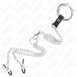 KINK ANNEAU PENIS EN METAL TRIPLE CHROME 3 CM A 45 CM AVEC CHAINE EN METAL DE 26 CM ET PINCES A TETONS