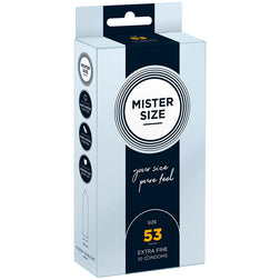 Mister Size maßgefertigte Latexkondome 53 mm, 10 Stück – M aus transparentem Latex, Vorderansicht