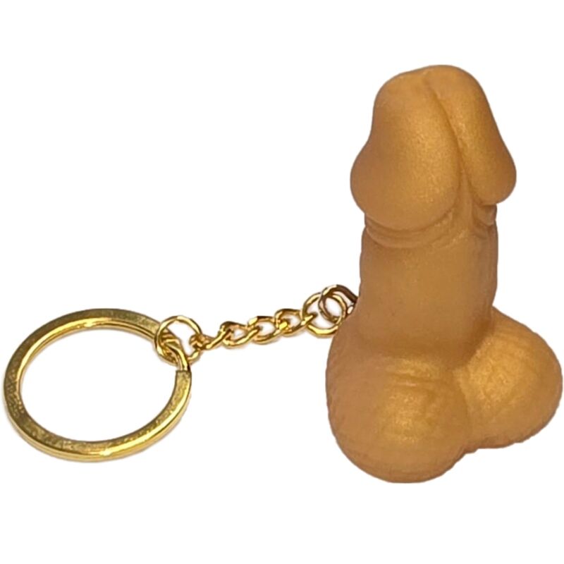Porte-clés en forme de pénis avec testicules, finition dorée, sur chaînette et anneau fendu