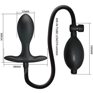 Schéma coté du plug gonflable : 91 mm de haut, tête de 32 mm, base de 58 mm, tube de 600 mm