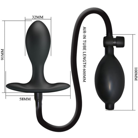 Schéma coté du plug gonflable : 91 mm de haut, tête de 32 mm, base de 58 mm, tube de 600 mm
