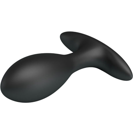 Plug anal gonflable en silicone noir, tête ovoïde et base en T, vu de profil