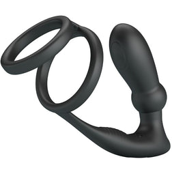 Plug anal Cockring double anneau + vibrant 12 modes — Emoni en Silicone noir vu de face
