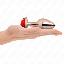 Plug anal Plug bijou Or rose avec rose rouge 10.2 cm taille L — Pleasure Plugs en Acier inoxydable or-rose 10.2 cm vu de face