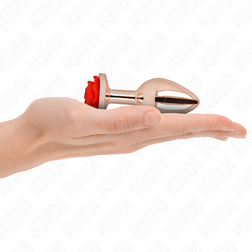 Plug anal Plug bijou Or rose avec rose rouge 8.9 cm taille M — Pleasure Plugs or-rose vu de face