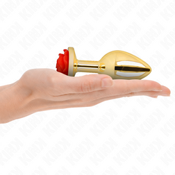 Plug anal Plug bijou Or avec rose rouge 10.2 cm taille L — Pleasure Plugs en Acier inoxydable or 10.2 cm vu de face