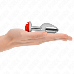 Plug anal Plug bijou acier rose rouge sculptée 3D 8,9 cm taille M — Pleasure Plugs en Acier inox argent 8.9 cm vu de face