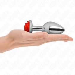 Plug anal Plug bijou rose rouge acier 10.2 cm taille L — Pleasure Plugs en Acier inox argent 10.2 cm vu de face