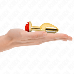 Plug anal Plug bijou Or avec rose rouge 8.9 cm taille M — Pleasure Plugs en Acier inoxydable or 8.9 cm vu de face