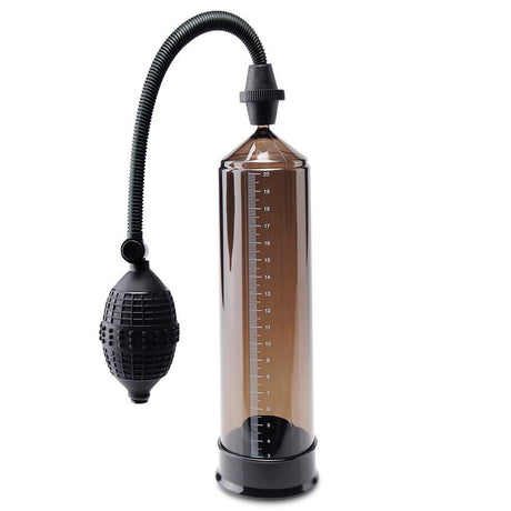 Euro Pump penis pump: smoke-tinted cylinder with white graduations, ribbed hose and black pump bulb