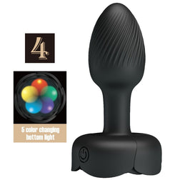 Plug anal vibrant noir en silicone avec base lumineuse LED multicolore