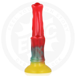 Gode cheval en silicone rouge et jaune avec ventouse puissante