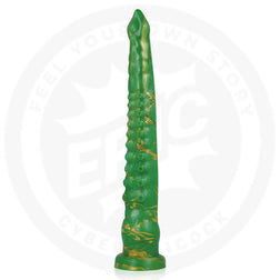 Gode tentacule vert et doré avec ventouse et texture nervurée