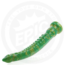 Vue inclinée du gode tentacule vert marbré en silicone médical