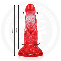 Schéma technique des dimensions du gode dragon rouge avec base ventouse