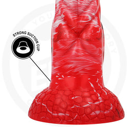 Gros plan sur la base ventouse robuste du gode dragon rouge