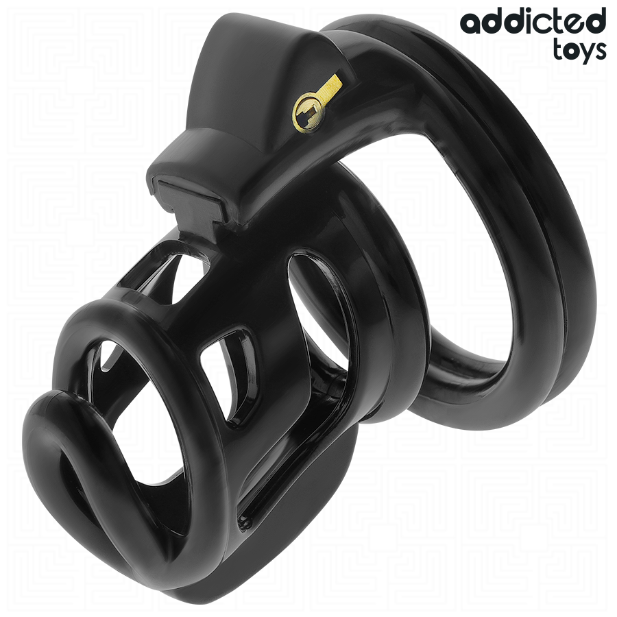 Cage de chasteté ajourée 8,5 cm cadenas doré — gros plan
