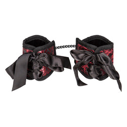 Menottes corset en brocart rouge et noir Scandal