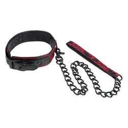 Rot-schwarzes Brokat-Halsband mit schwarzer Kettenleine