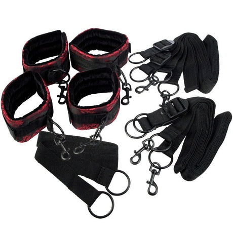 Menottes Calexotics Sangles et attaches de lit à 4 en brocart — Scandal en Nylon rouge vu de face