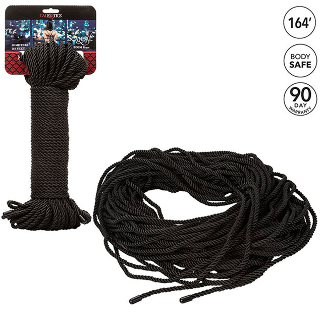 Harnais Calexotics Corde de bondage shibari soyeuse noire 50 m — Scandal en Nylon noir vu de face