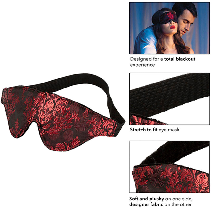 Masque BDSM broderie baroque rouge et noir — gros plan