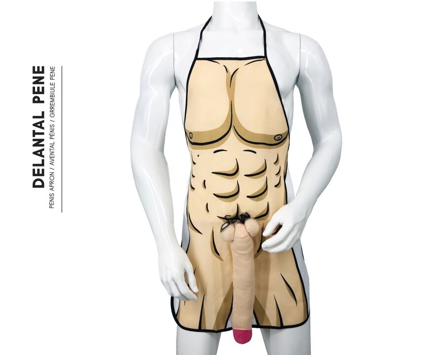 Tablier imprimé d'un torse masculin musclé avec un pénis en relief 3D, porté sur un mannequin