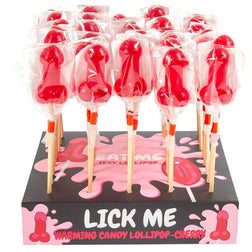 Bonbons pénis Secretplay Cosmetic Lot de 40 sucettes pénis cerise effet chauffant avec présentoir vu de face