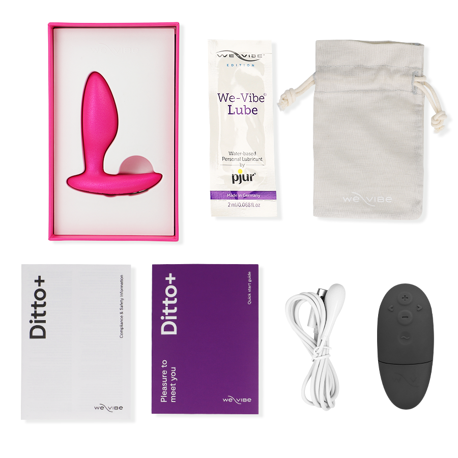 Coffret Ditto+ rose avec télécommande, câble USB, pochette, notices et échantillon de lubrifiant.