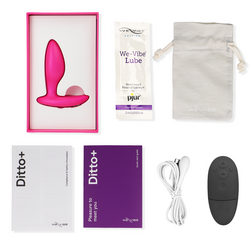 Coffret Ditto+ rose avec télécommande, câble USB, pochette, notices et échantillon de lubrifiant.