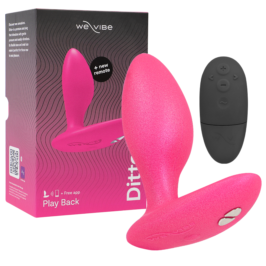 Plug anal vibrant Ditto+ rose avec sa télécommande noire et sa boîte We-Vibe.