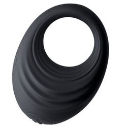 Cockring vibrant Rocks-Off silicone liquide 10 modes — Spire en Silicone noir vu de face