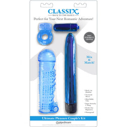 Gaine pénis Pipedreams Kit couple 4 jouets combinables Classix — Gaine et cockring en TPE bleu vu de face