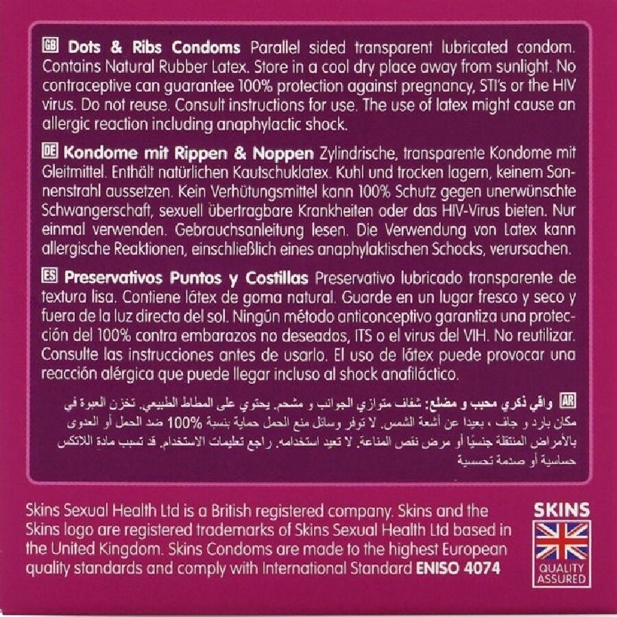SKINS PACK DE 4 PRESERVATIFS PREMIUM DOTS RIBS