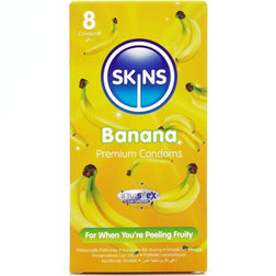 Préservatifs Skins banane lubrifiés, 8 unités, en latex — vue de face