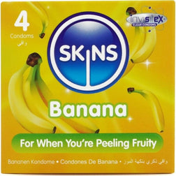 Préservatifs Skins banane lubrifiés, 4 unités, en latex — vue de face